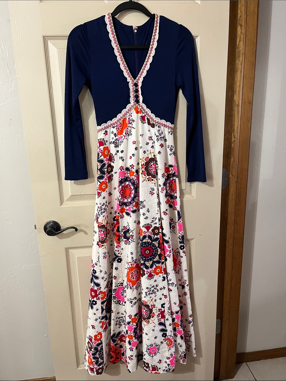 Vintage Navy and White Maxi Dress with Pink and Orange Floral Print